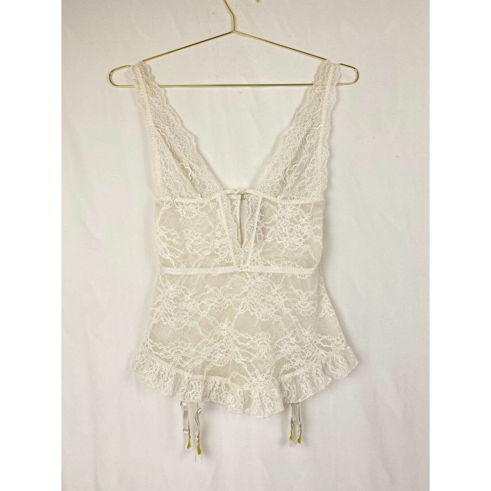 Victoria's Secret Garter Slip Womens Small White bridal Plunge Sheer Lace Teddy